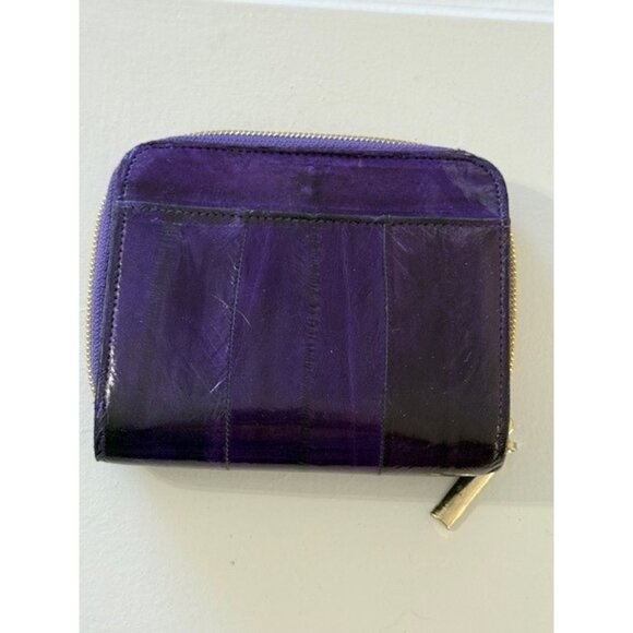 Purple Eel Skin BiFold Wallet Gold Toned Zipper Zip Around Snap Cards bills Vtg - Picture 2 of 11